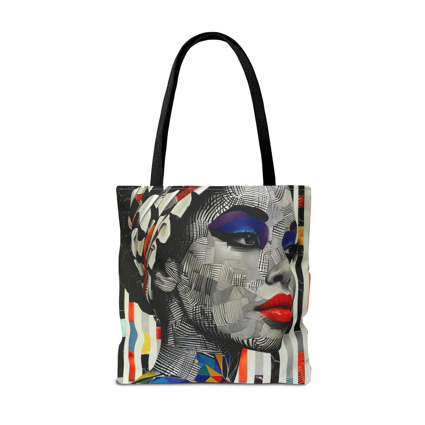 Striking Abstract Portrait Tote Bag with Colorful Geometric Design