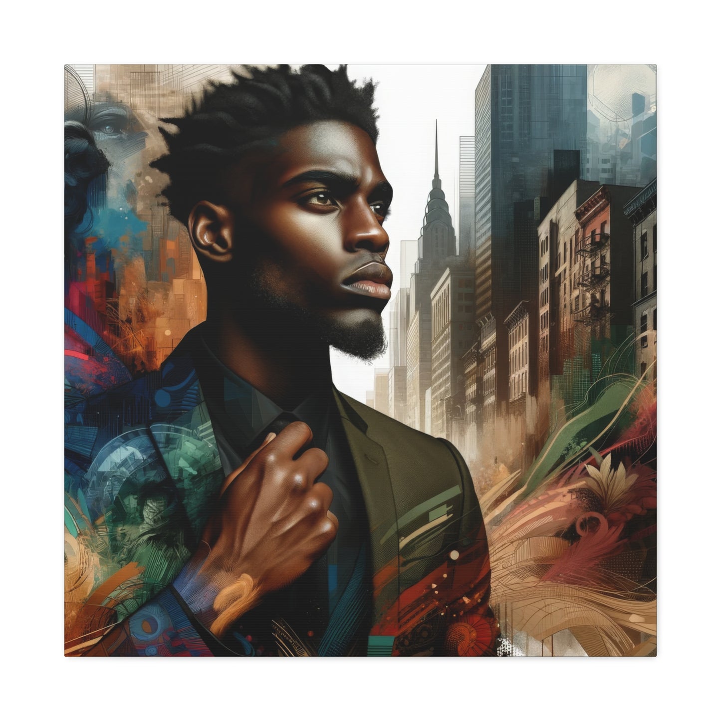 Stylish man in a suit with an artistic cityscape background, melding modern fashion with urban energy and architectural elements | EbMerized Creations