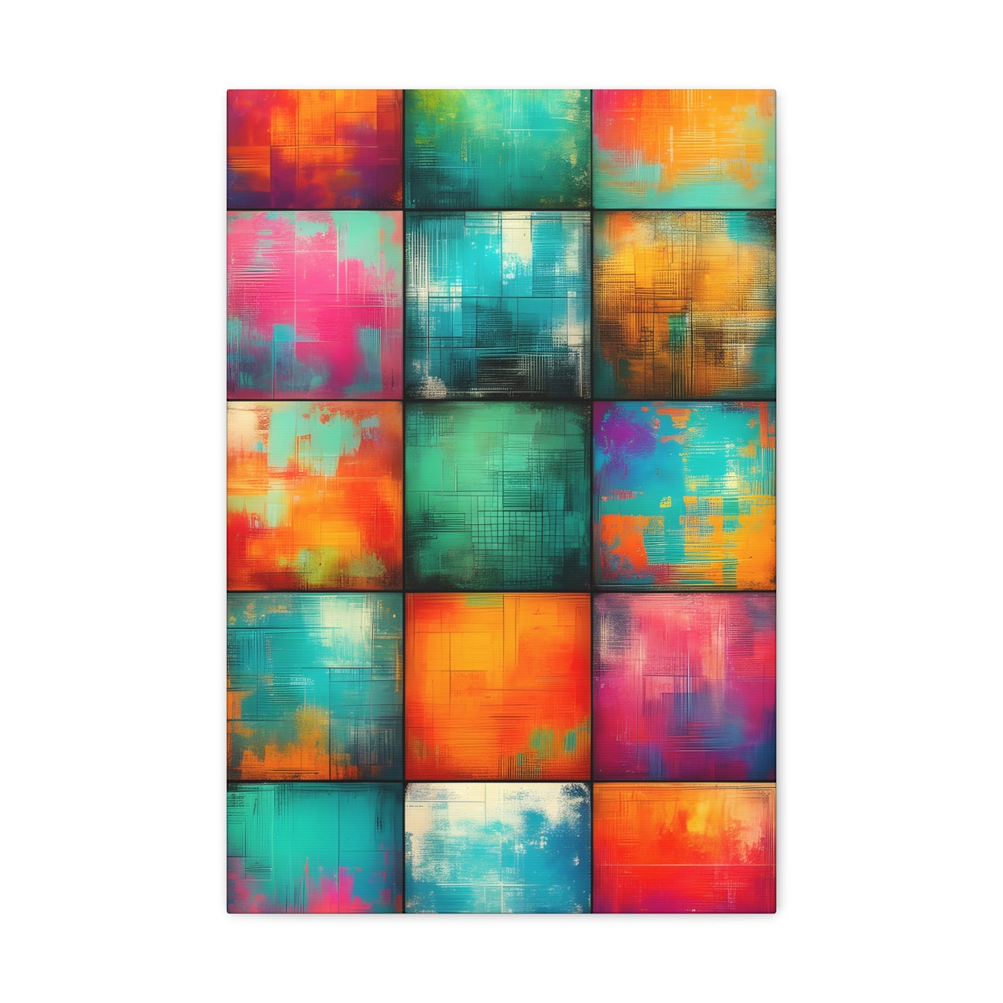 Modern art canvas print featuring a grid of colorful, textured squares in vibrant hues of blue, orange, green, and pink with a distressed, urban finish | EbMerized Creations