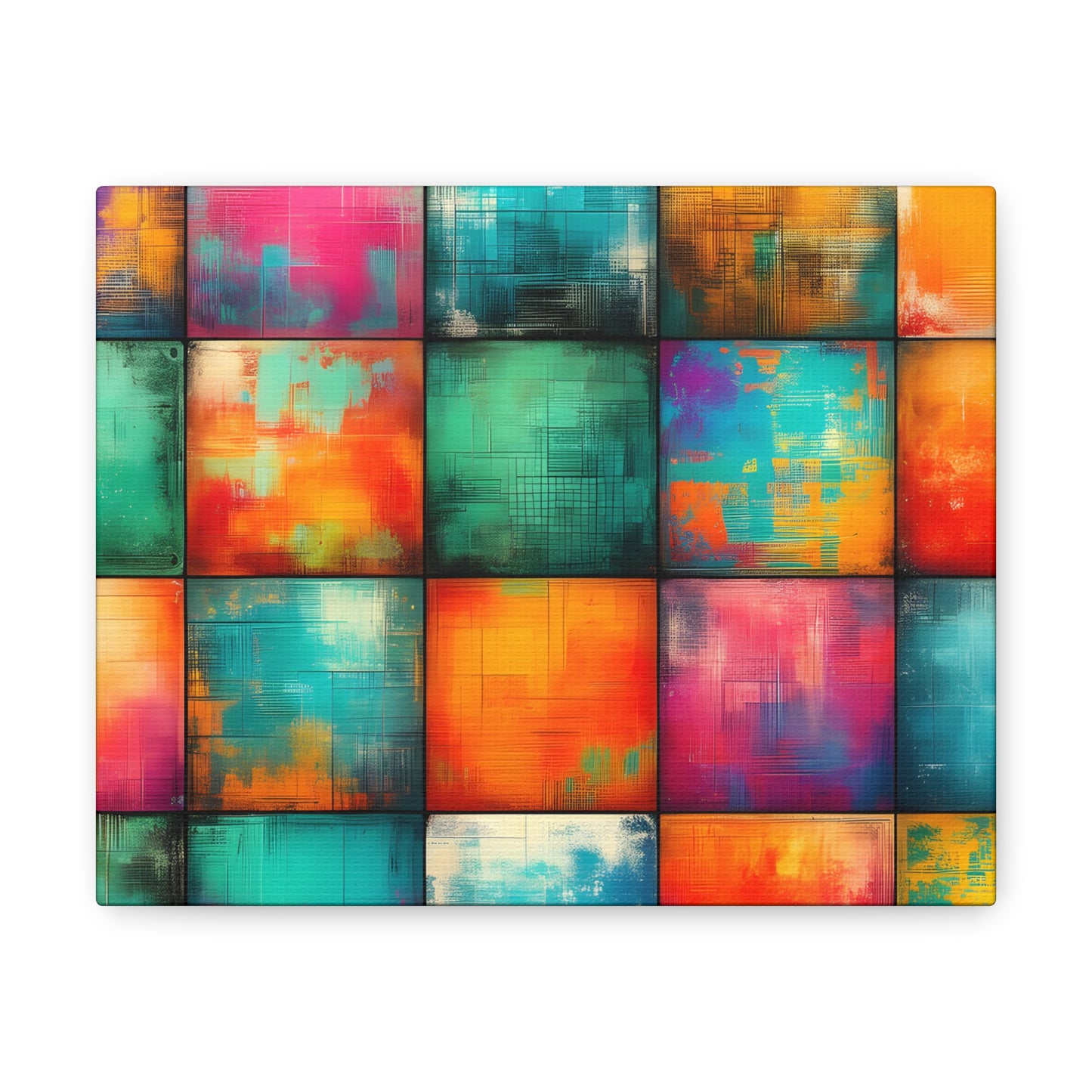 Modern art canvas print featuring a grid of colorful, textured squares in vibrant hues of blue, orange, green, and pink with a distressed, urban finish | EbMerized Creations
