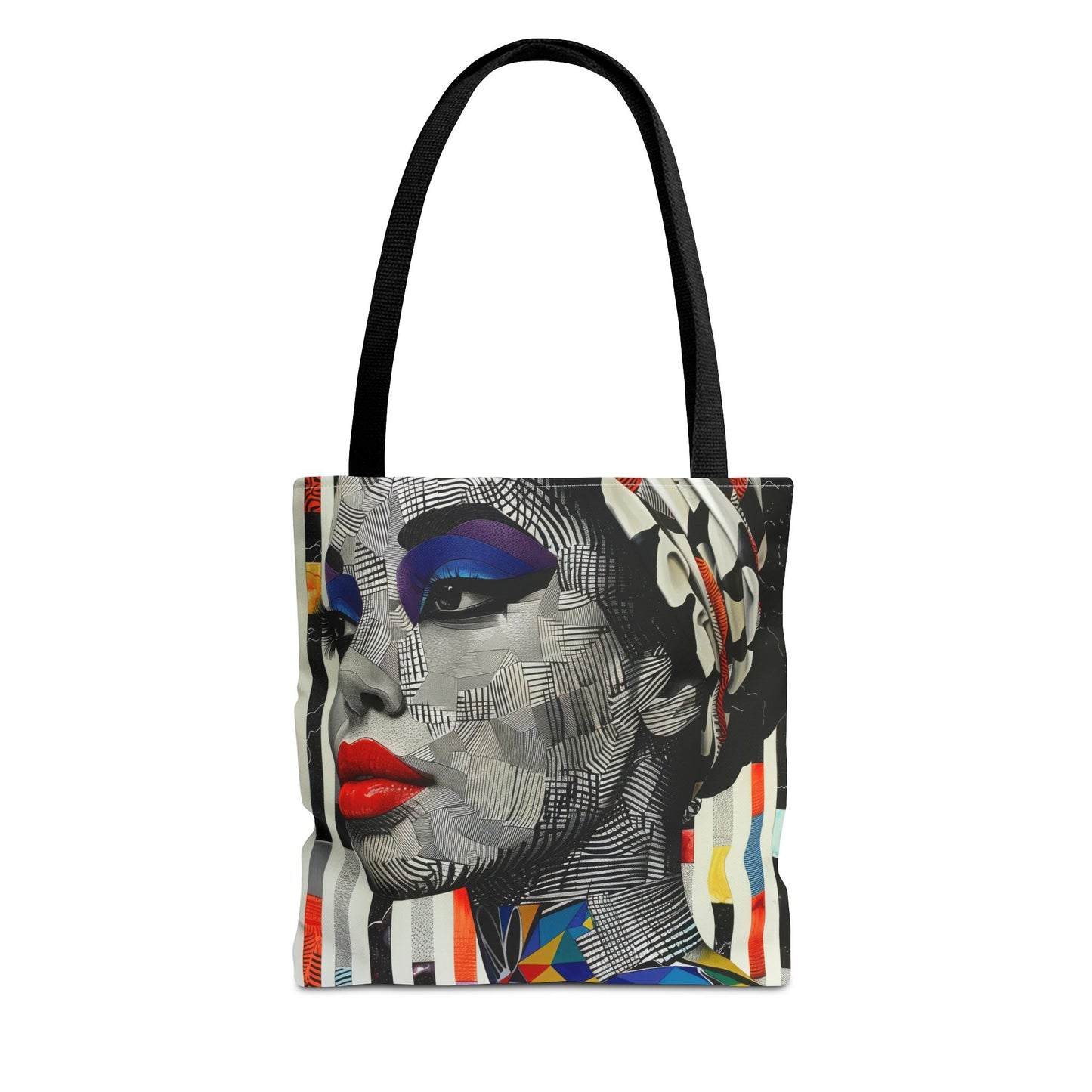 Striking abstract portrait tote bag with colorful geometric design, featuring bold patterns and vibrant colors