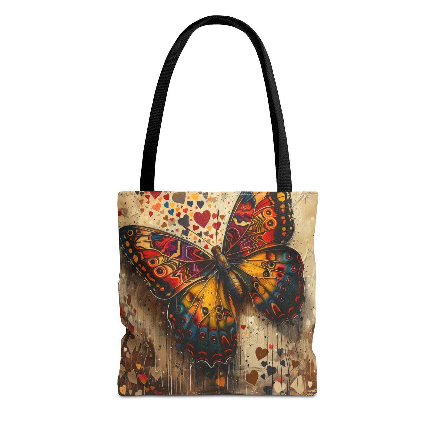 Colorful butterfly tote bag with heart accents for art lovers, featuring vibrant design and durable construction
