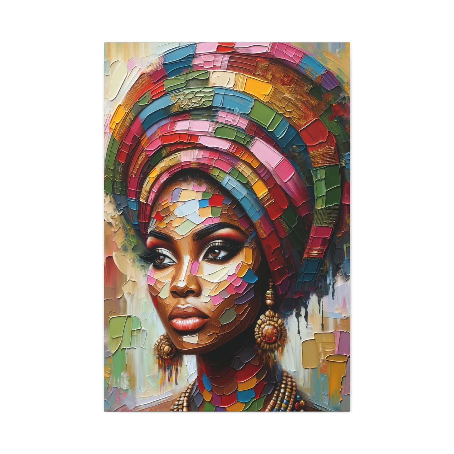 Vibrant portrait of an African queen with a colorful mosaic headwrap and ornate earrings, exuding elegance and cultural richness on canvas | EbMerized Creations