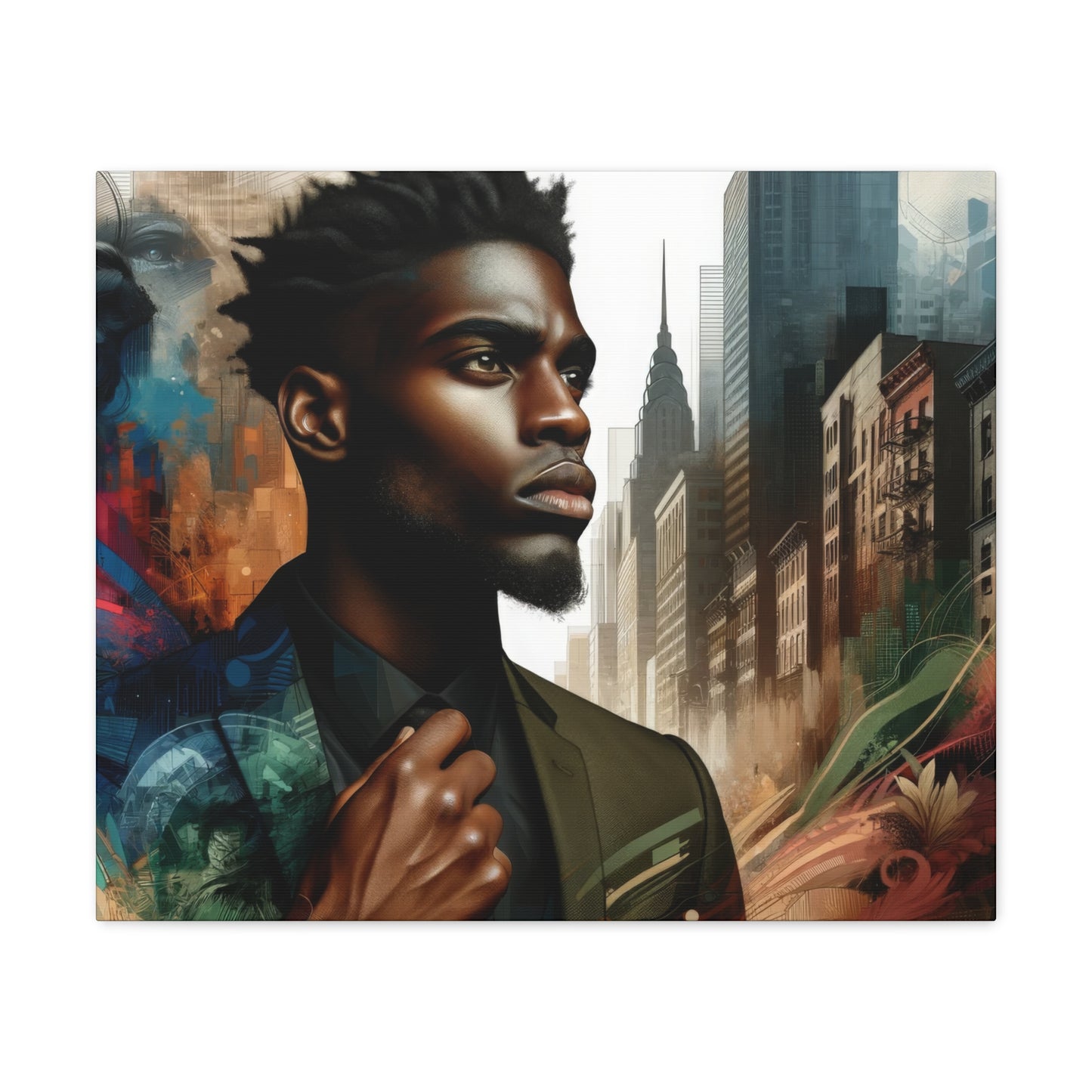 Stylish man in a suit with an artistic cityscape background, melding modern fashion with urban energy and architectural elements | EbMerized Creations