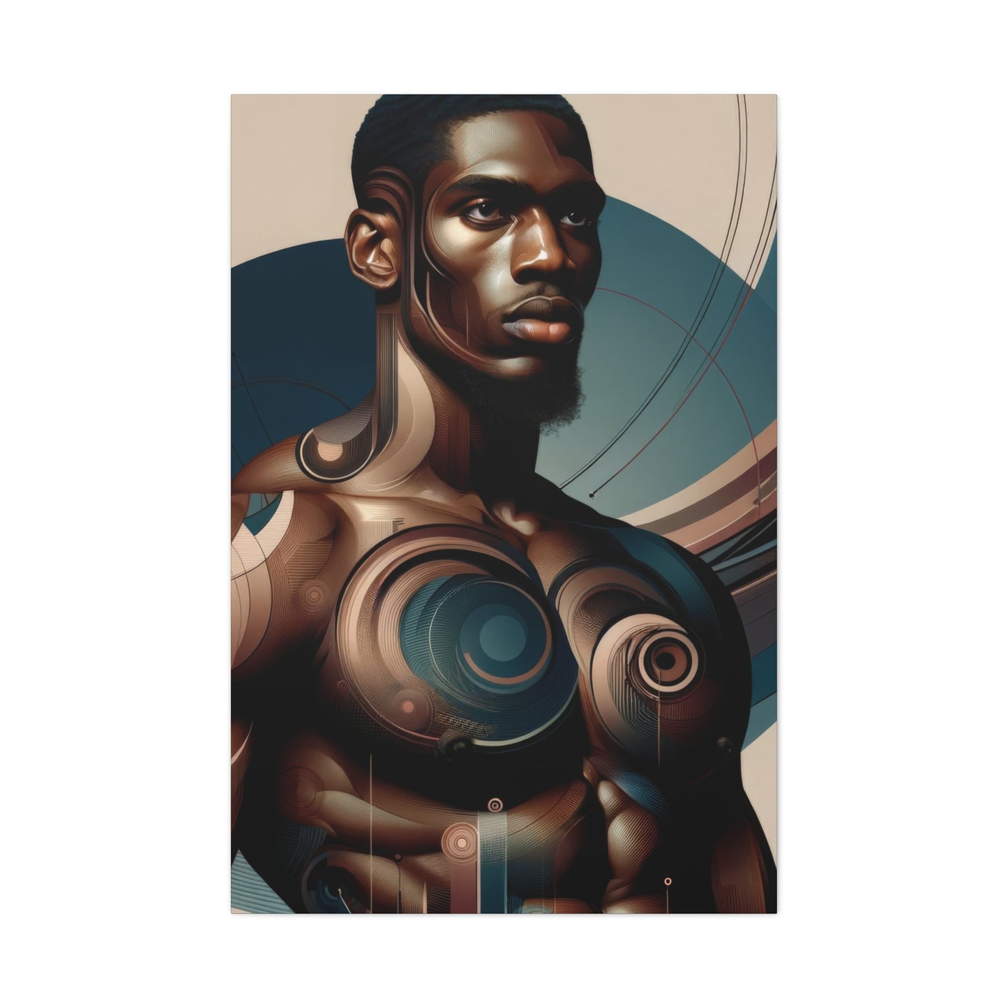 Abstract digital portrait of a man with mechanical body features, combining organic and geometric elements in earthy and metallic tones, signifying strength and elegance | EbMerized Creations