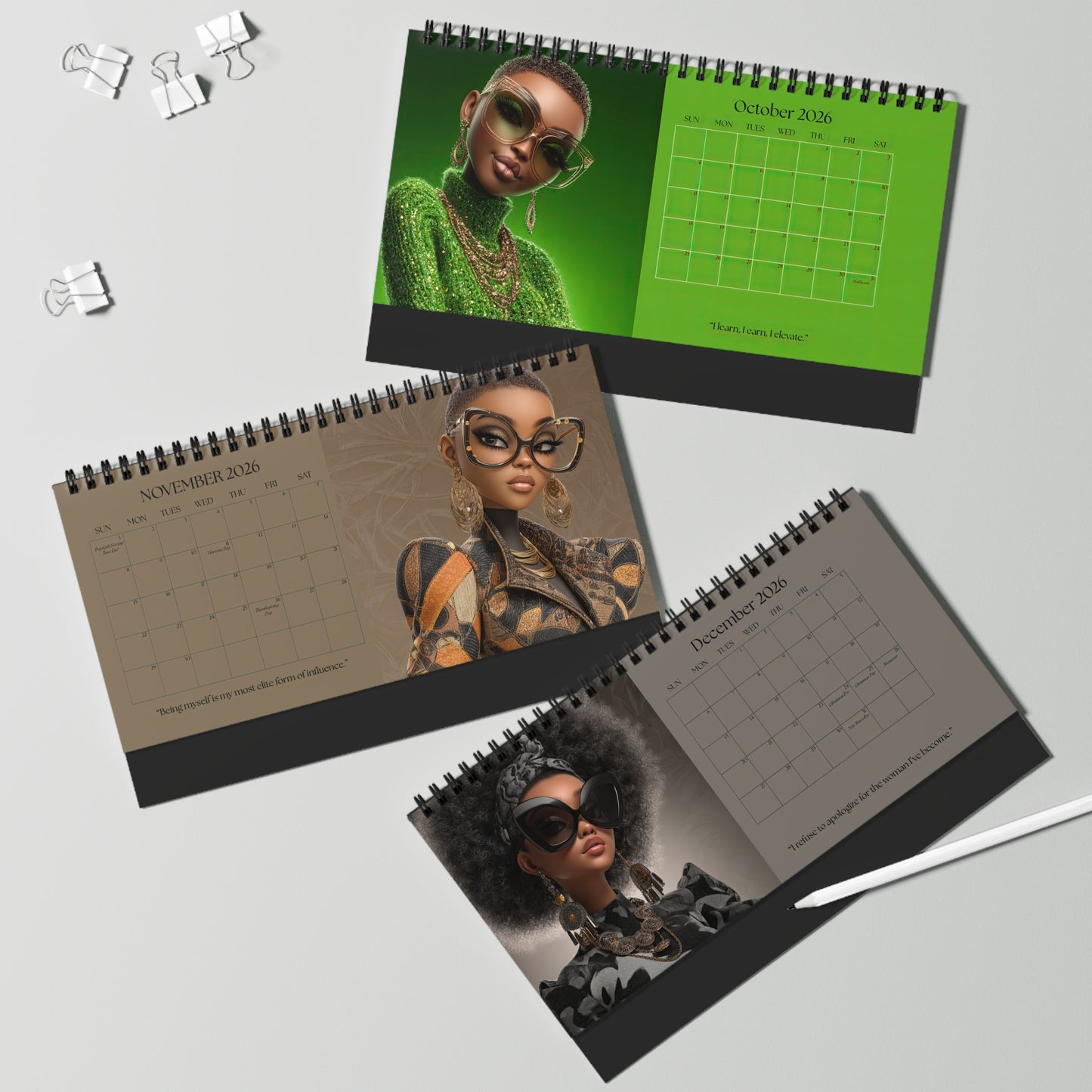 Black Girl Luxe 2026 desktop calendar featuring 3 months of stylish Black women with natural hair, oversized glasses, and luxury fashion on lime green, brown and grey color backgrounds.