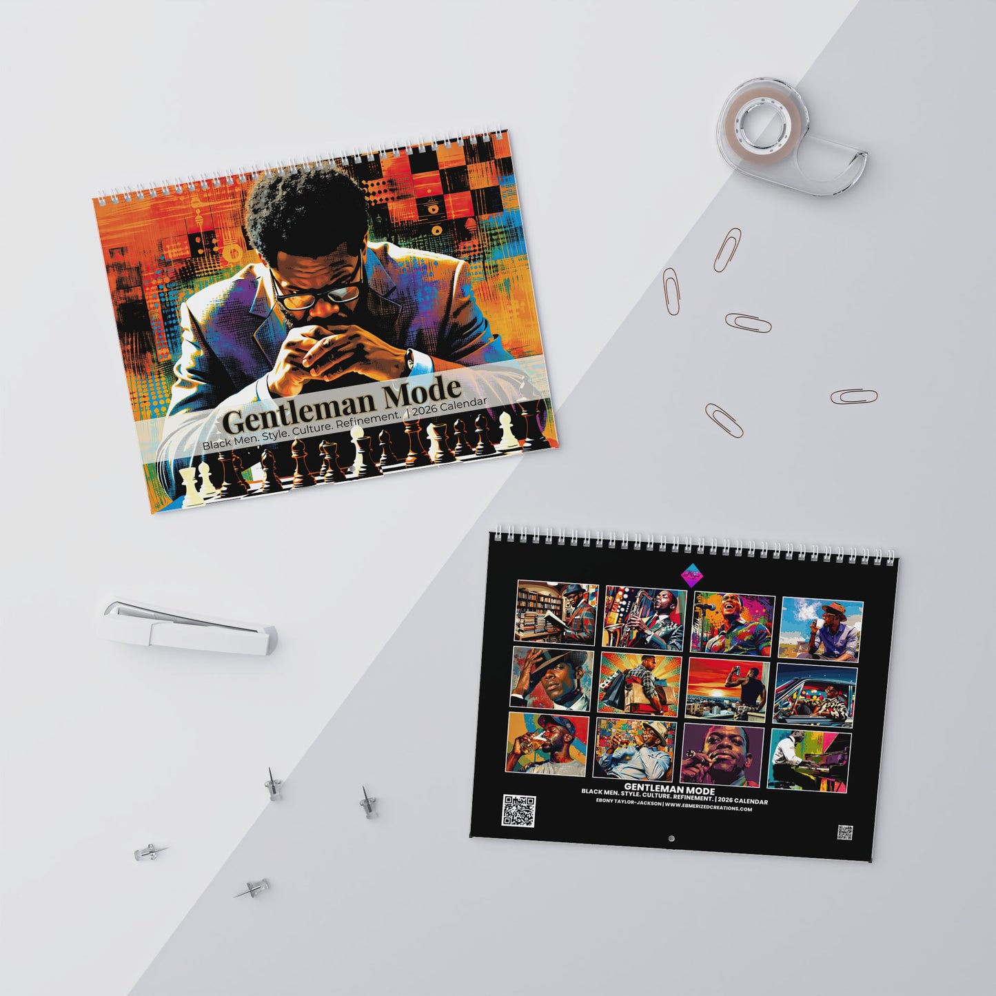 Two calendars featuring images of a man and various scenes on a white surface with office supplies.