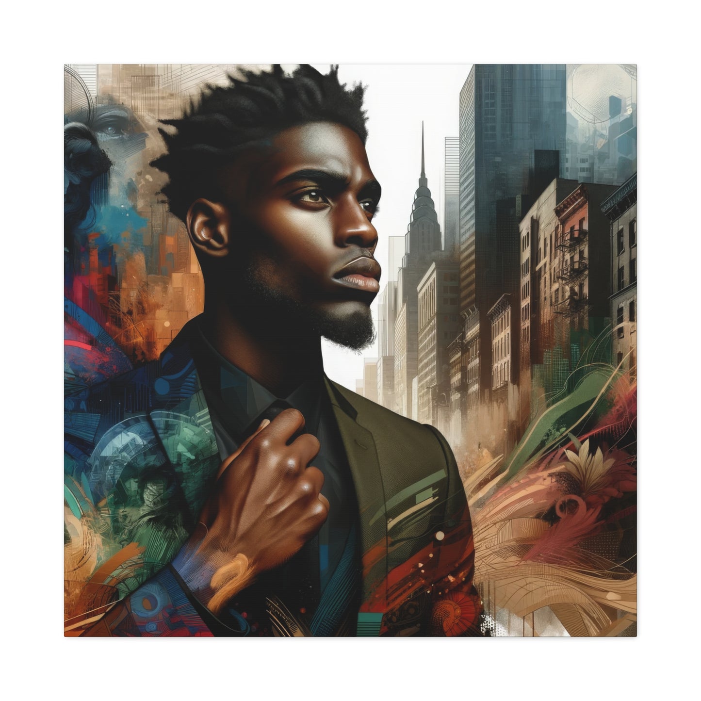 Stylish man in a suit with an artistic cityscape background, melding modern fashion with urban energy and architectural elements | EbMerized Creations