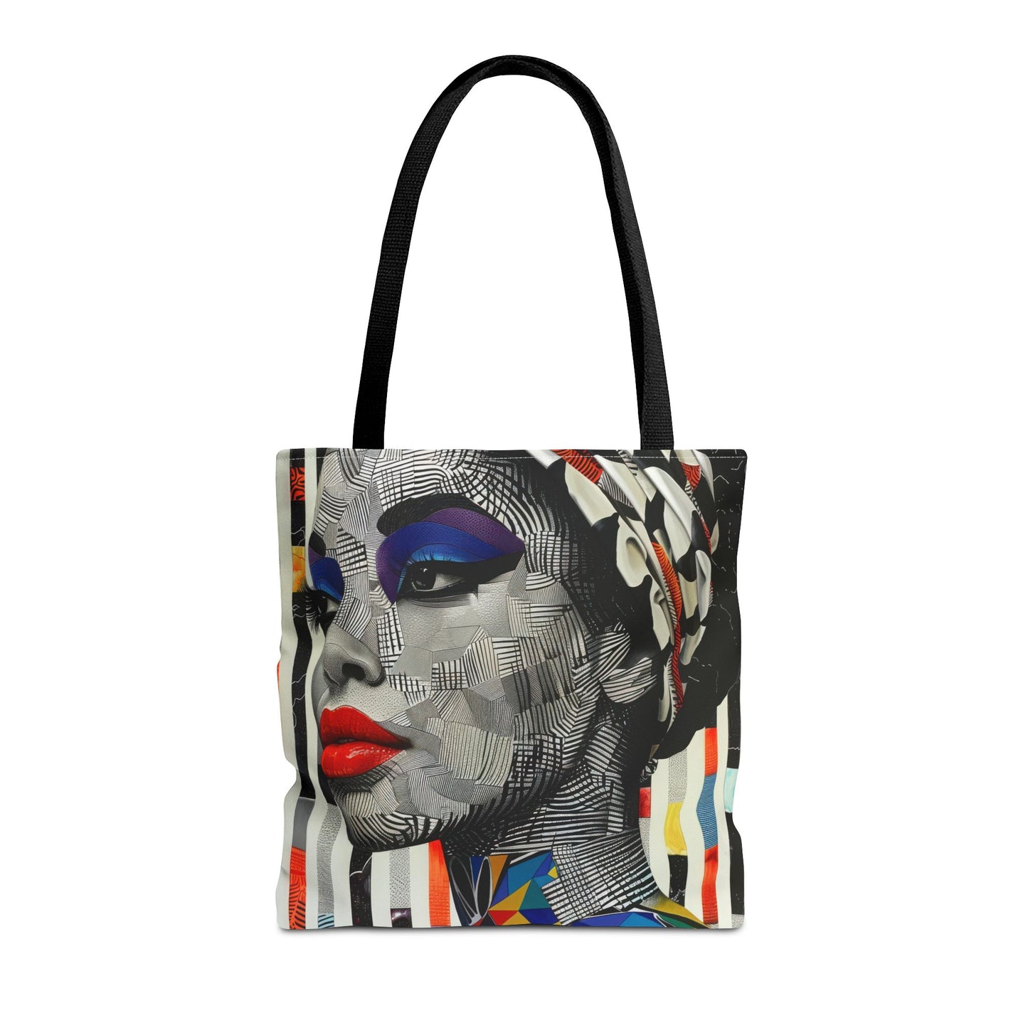 Striking Abstract Portrait Tote Bag with Colorful Geometric Design