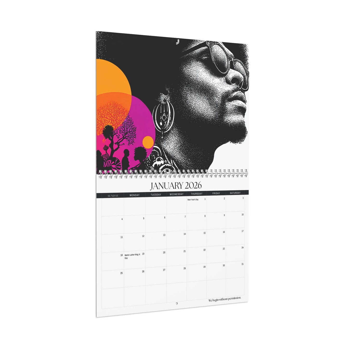 Calendar for January 2026 with a black and white portrait of a person wearing sunglasses on a white background