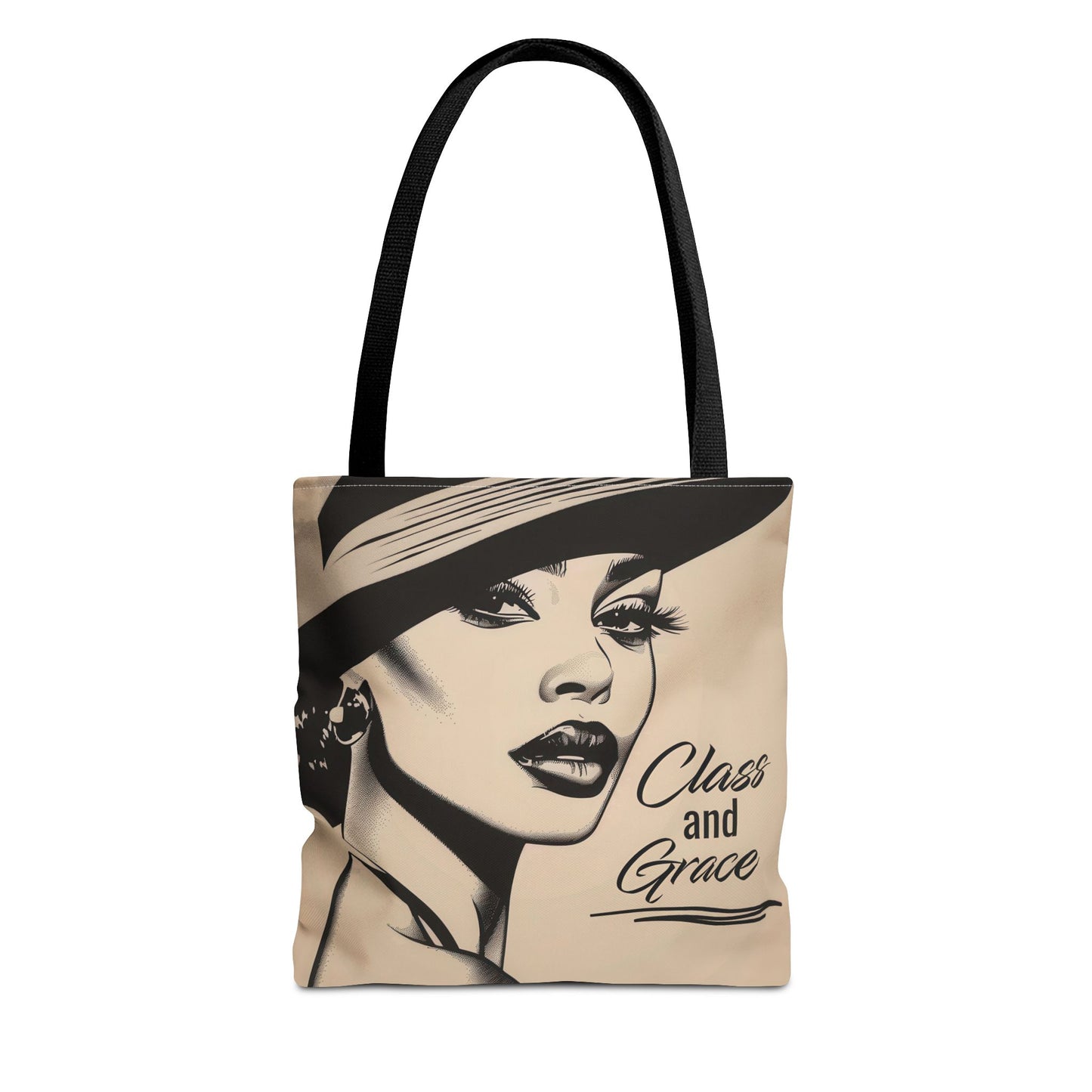 Elegant 'Class and Grace' tote bag featuring vintage art, available in three sizes for added functionality and style