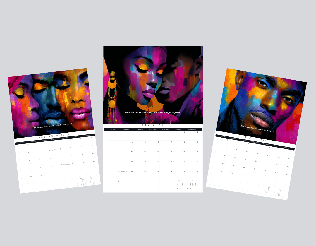 Interior preview showing select months from the Reflections of Us 2026 art calendar