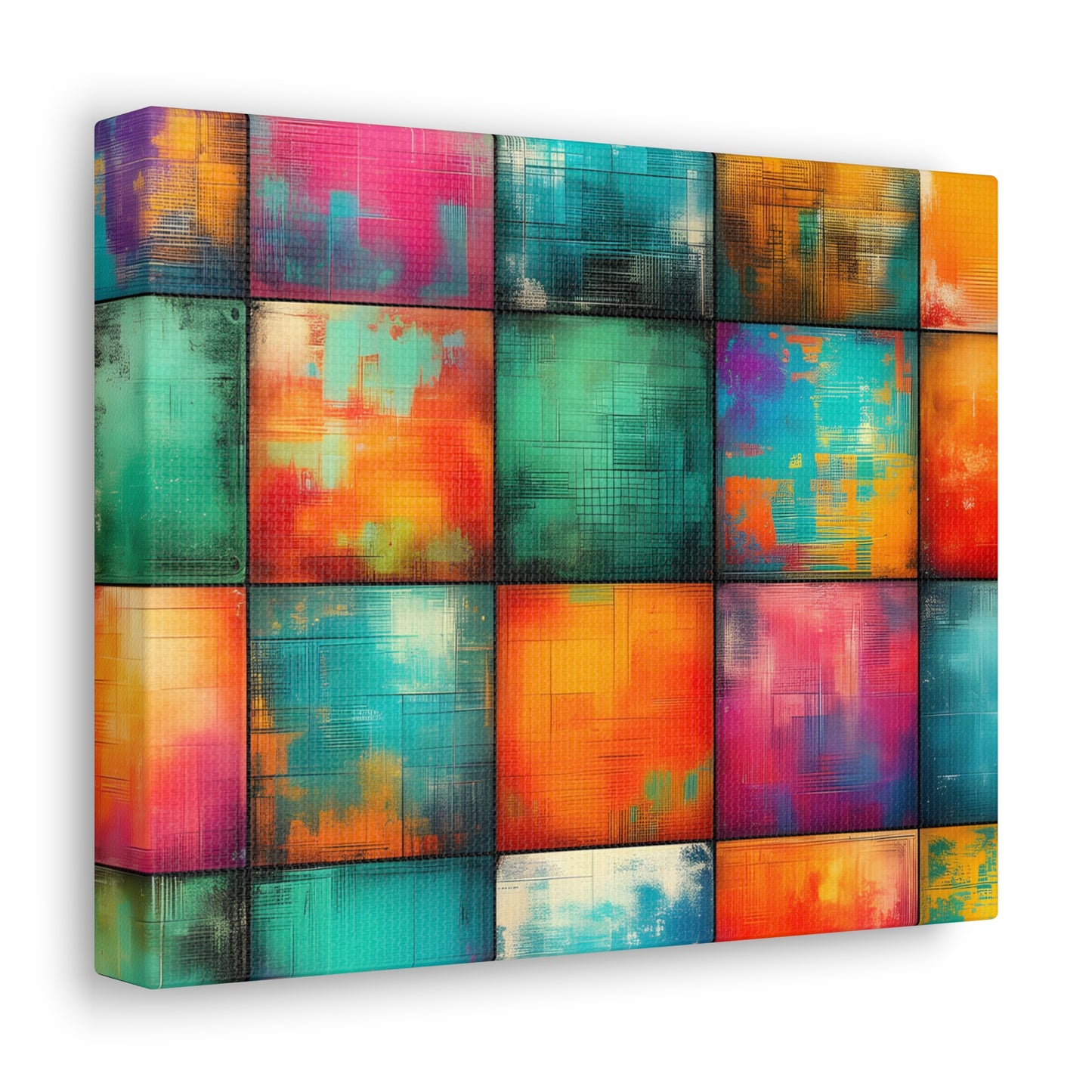 Modern art canvas print featuring a grid of colorful, textured squares in vibrant hues of blue, orange, green, and pink with a distressed, urban finish | EbMerized Creations
