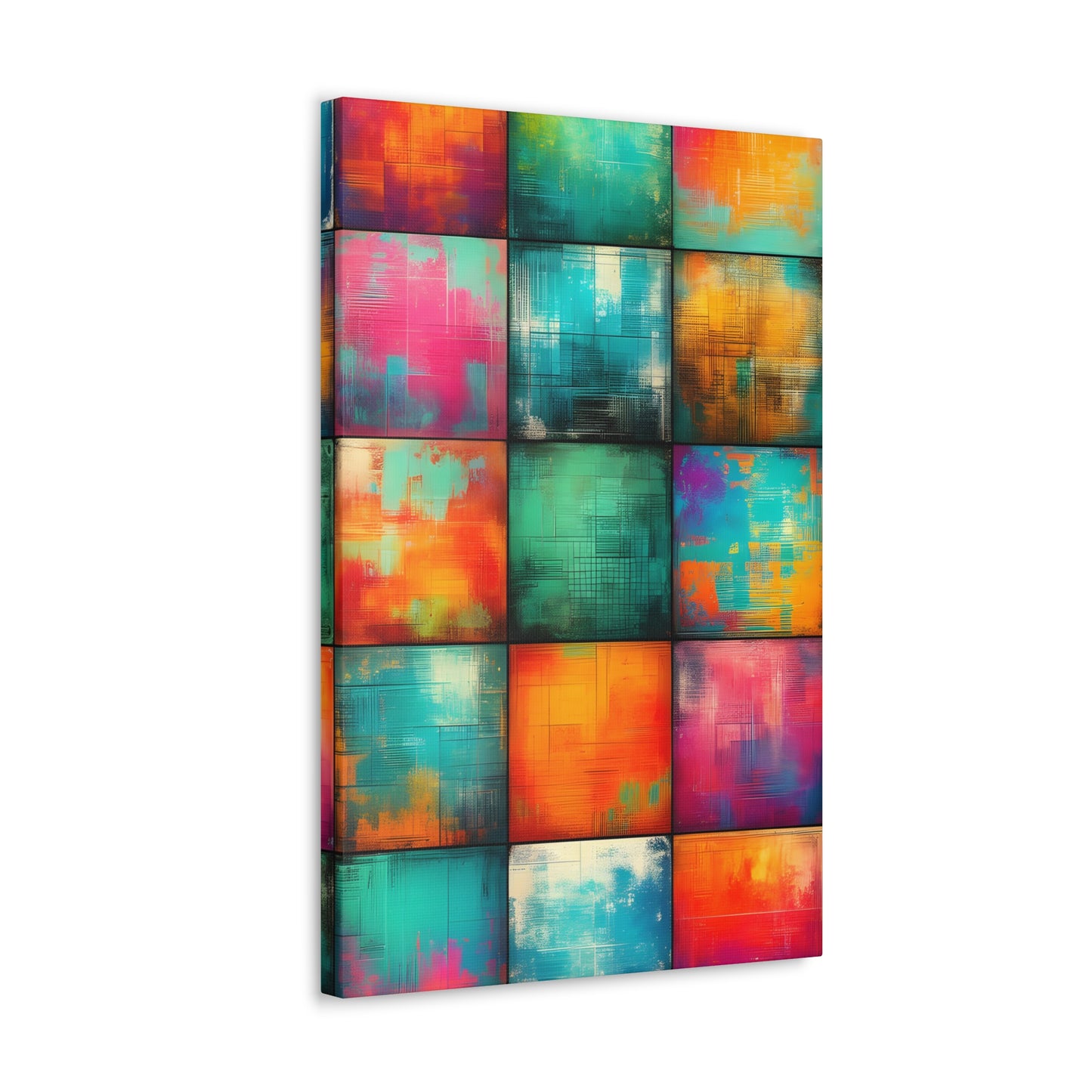 Modern art canvas print featuring a grid of colorful, textured squares in vibrant hues of blue, orange, green, and pink with a distressed, urban finish | EbMerized Creations