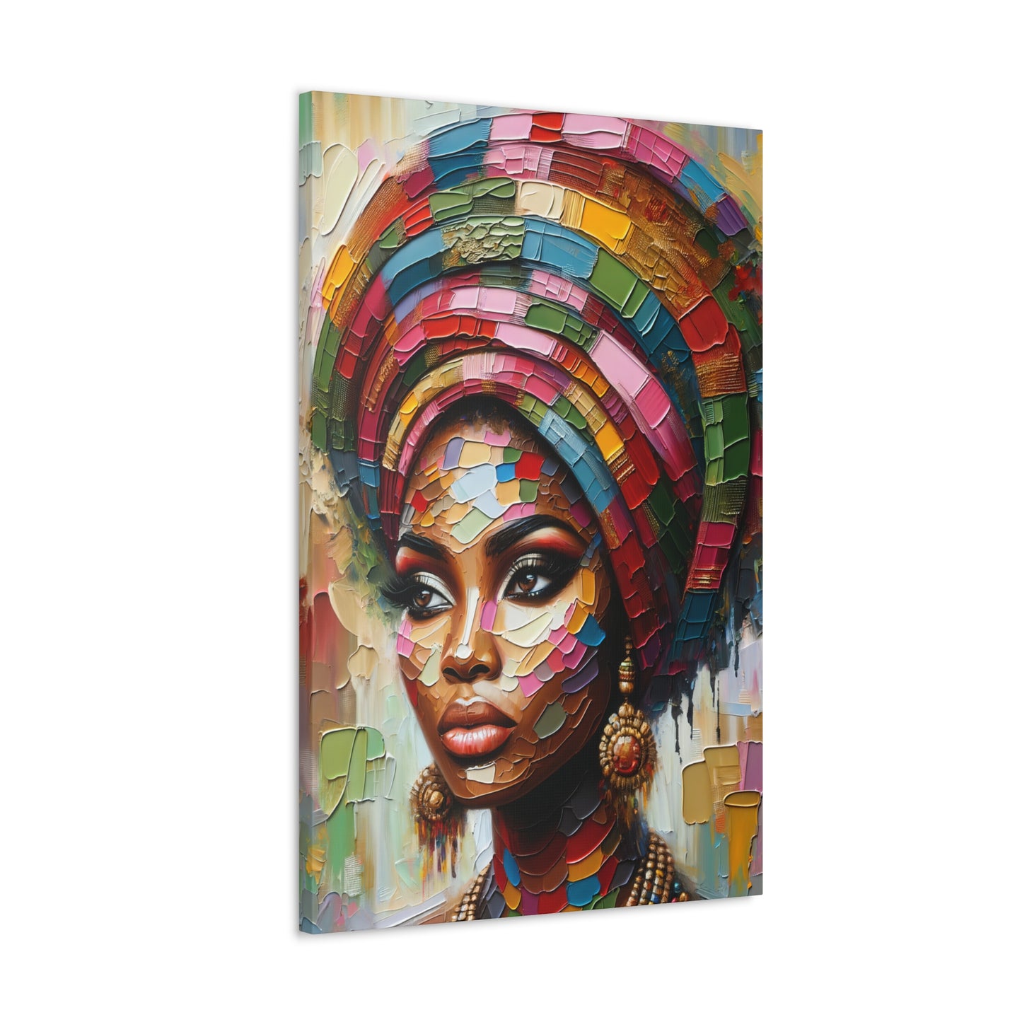 Vibrant portrait of an African queen with a colorful mosaic headwrap and ornate earrings, exuding elegance and cultural richness on canvas | EbMerized Creations