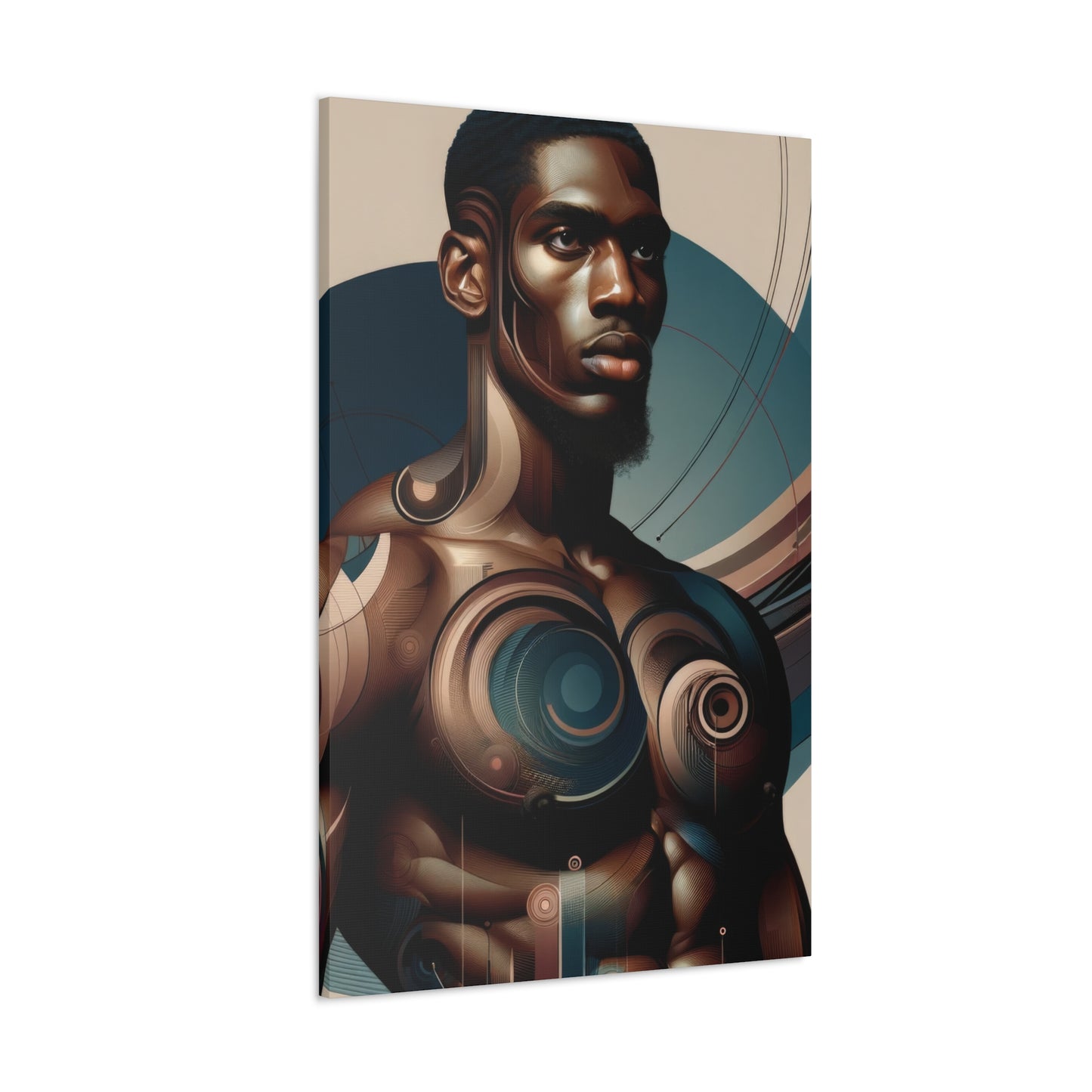 Abstract digital portrait of a man with mechanical body features, combining organic and geometric elements in earthy and metallic tones, signifying strength and elegance | EbMerized Creations