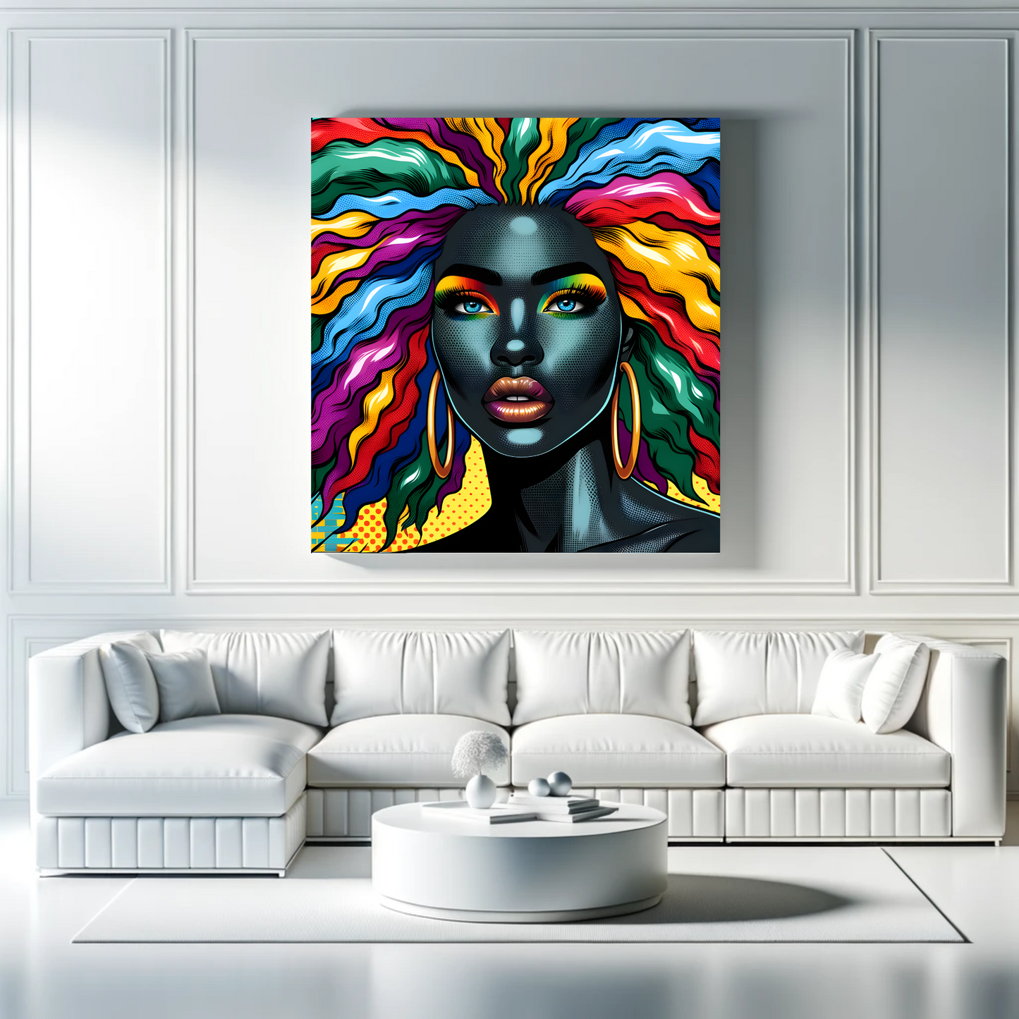 Colorful digital portrait of a woman with rainbow-hued hair and vibrant eyeshadow, full lips, and hoop earrings, exuding a bold and artistic vibe | EbMerized Creations