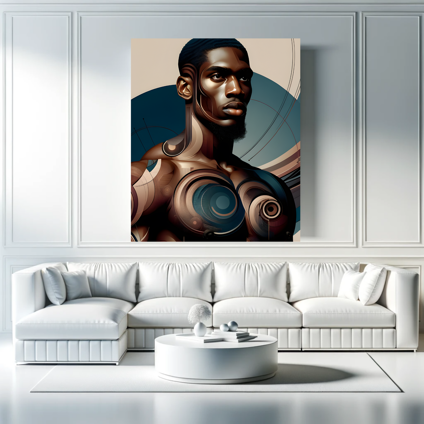 Abstract digital portrait of a man with mechanical body features, combining organic and geometric elements in earthy and metallic tones, signifying strength and elegance | EbMerized Creations