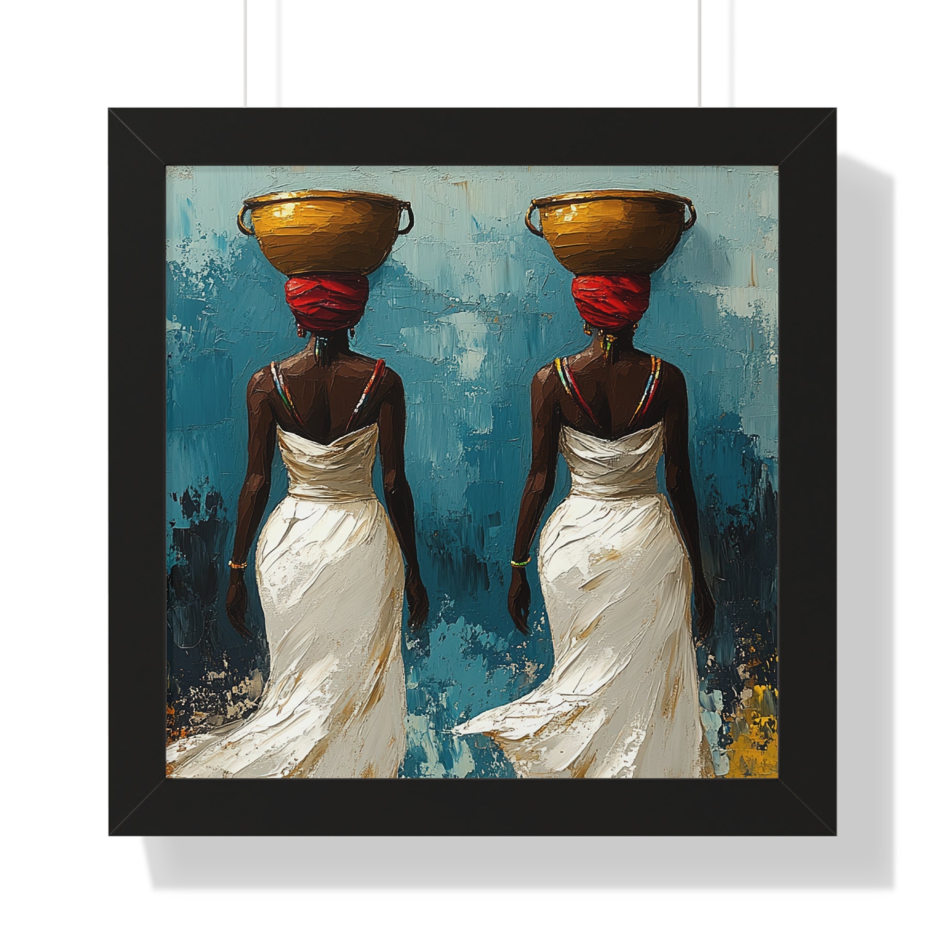 Elegant framed African art featuring two women in traditional attire against a textured multicolor background, secured in a black frame.