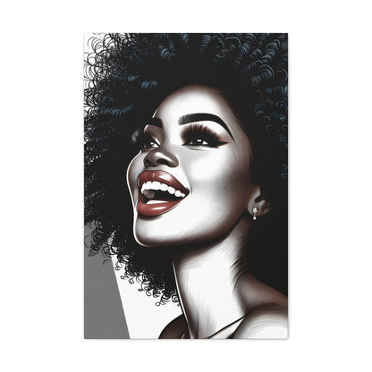 Illustration of a joyful African-American woman with a large curly afro, sparkling earring, and bright makeup, exuding happiness and style | EbMerized Creations