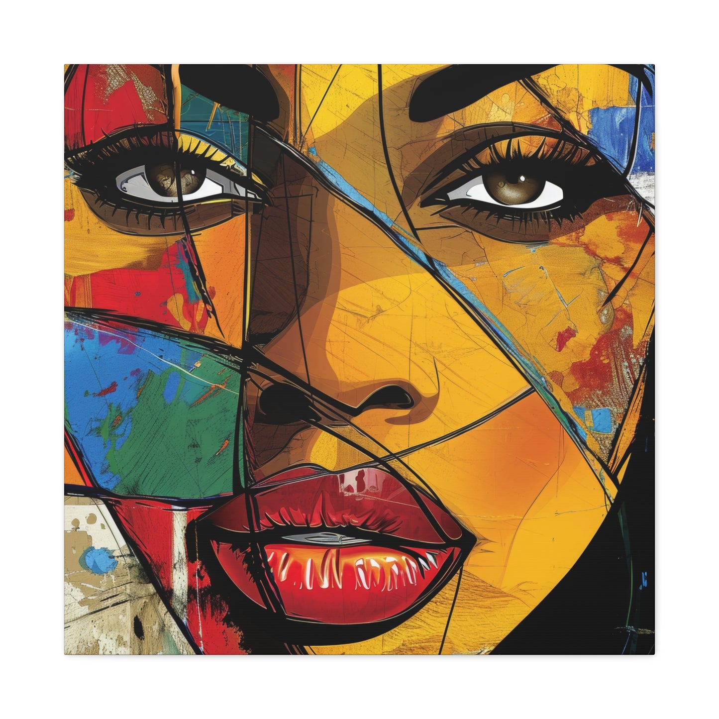 Vibrant digital art portrait featuring a mosaic of bold colors and sharp lines, showcasing a woman's face with intense eyes and full lips. Unique blend of abstraction and realism | EbMerized Creations