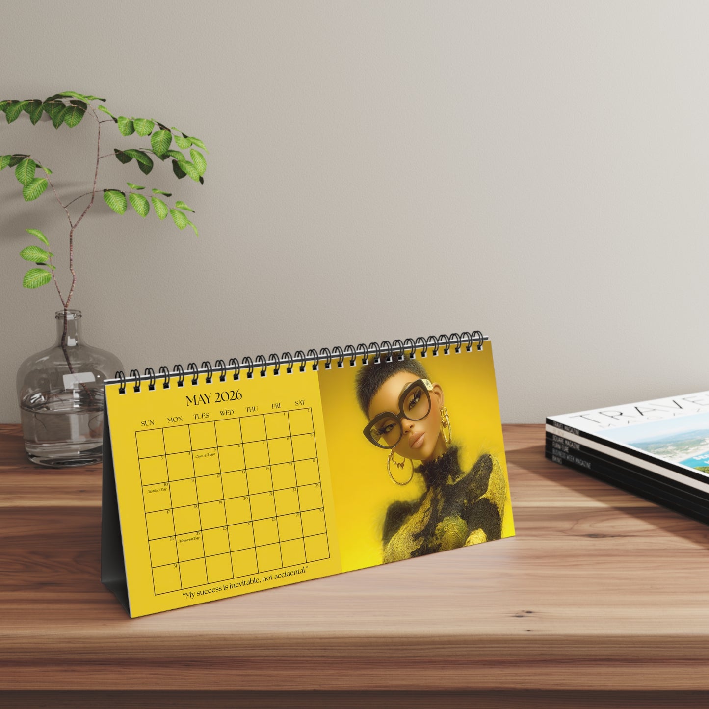 Black Girl Luxe 2026 desktop calendar of the month of May featuring a stylish Black woman with natural hair, oversized glasses, and luxury fashion on yellow background.