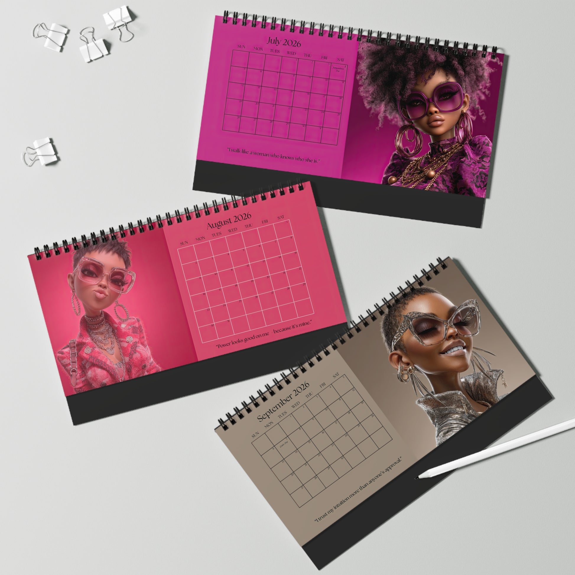 Black Girl Luxe 2026 desktop calendar  featuring 3 months of stylish Black women with natural hair, oversized glasses, and luxury fashion on fuchsia, pink, and brown color backgrounds.