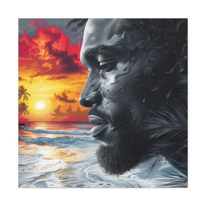 Sunset Serenity Canvas Art: African American Man and Tropical Beach Scene