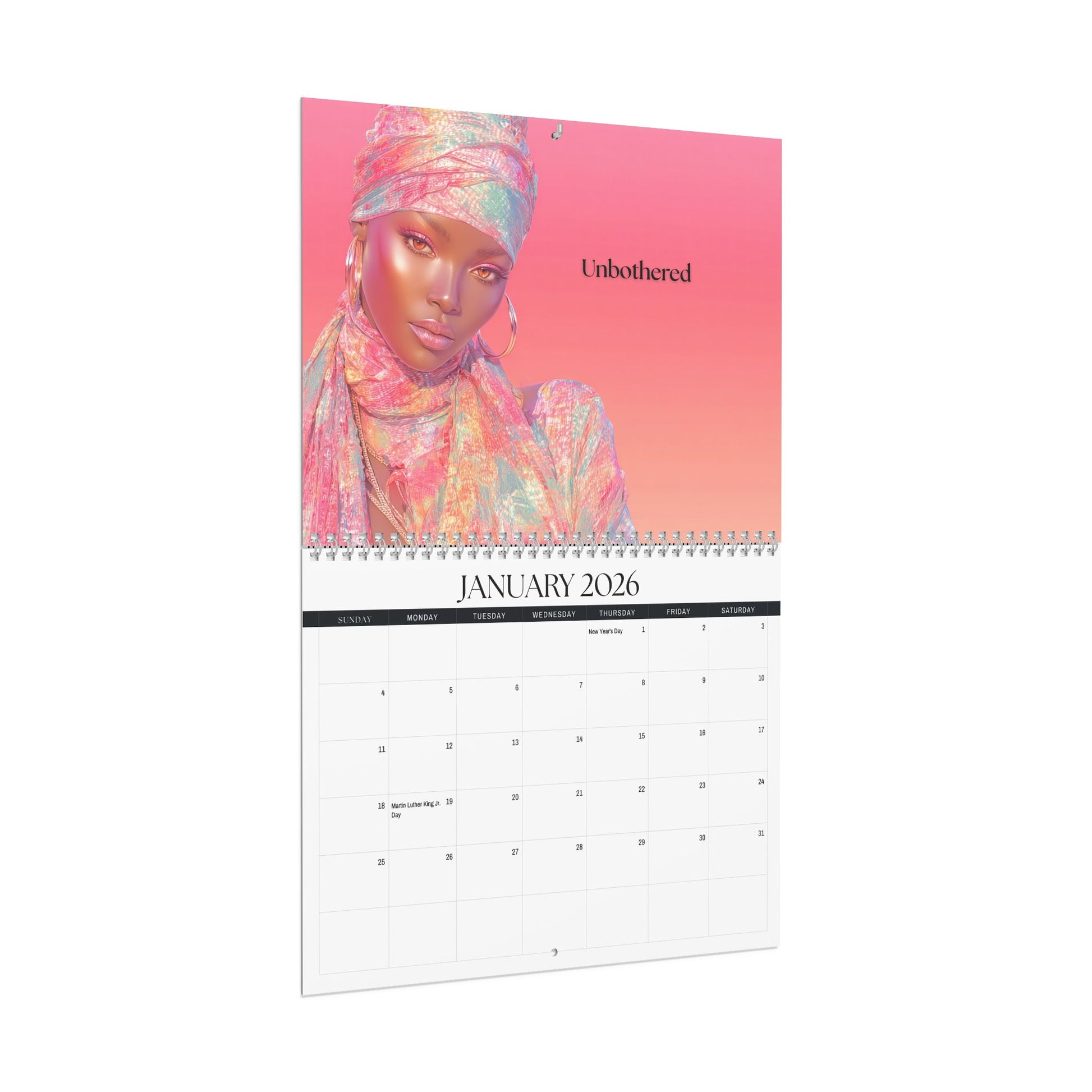 Calendar for January 2026 with a woman wearing a colorful headscarf on a pink background