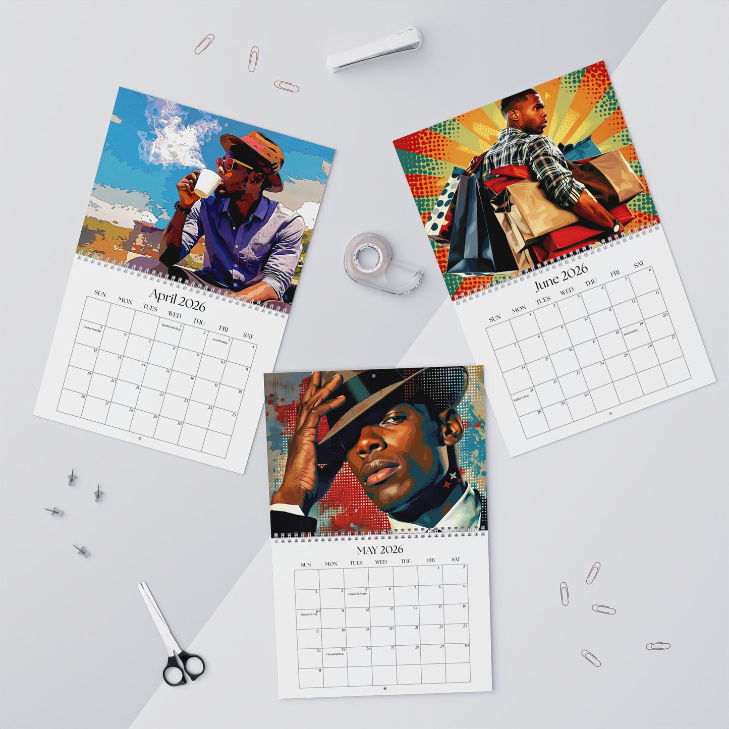 Three calendar pages showing different images on a light gray background with office supplies.