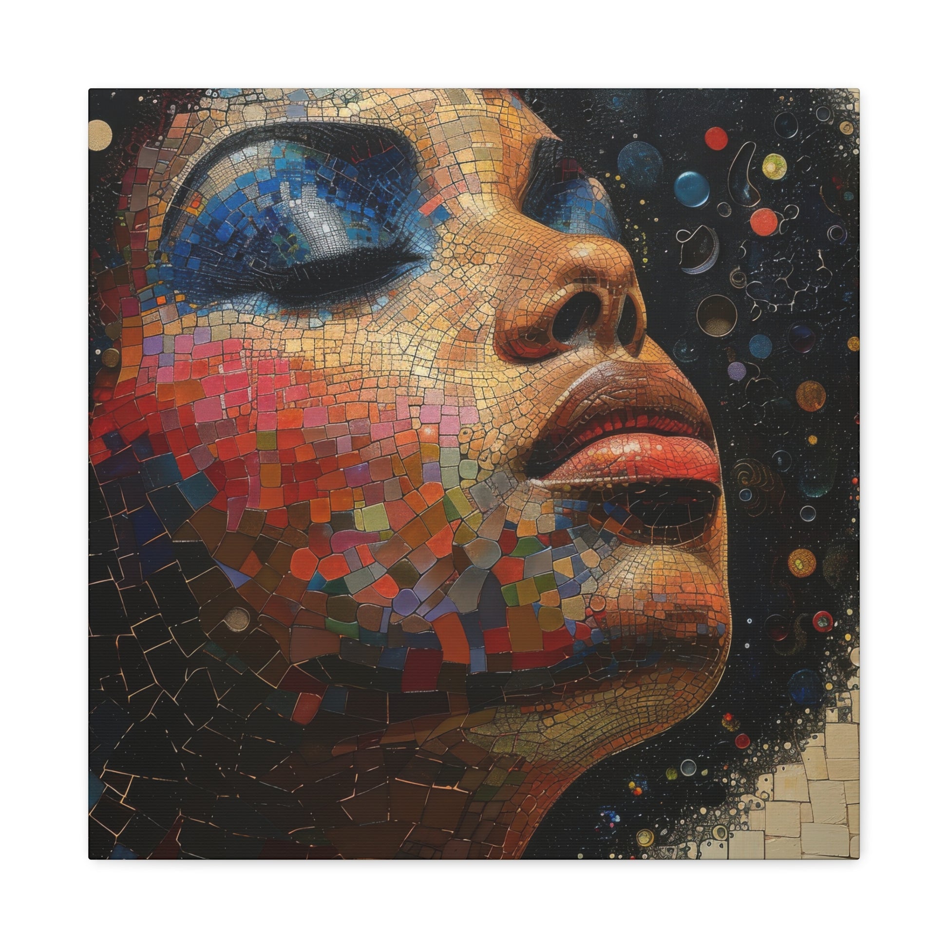 Stellar Dream: A captivating abstract mosaic portrait of a woman with a colorful afro, featuring vibrant, cosmic-inspired patterns. This stunning canvas art piece adds a touch of celestial beauty and artistic flair to any space.