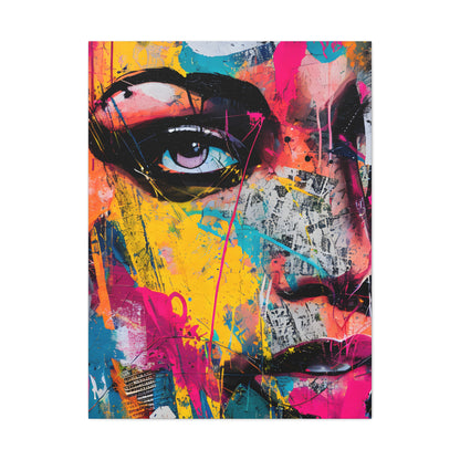 Abstract portrait with bold splashes of yellow, pink, and blue, featuring a singular eye that conveys a gaze full of intent and mystery | EbMerized Creations