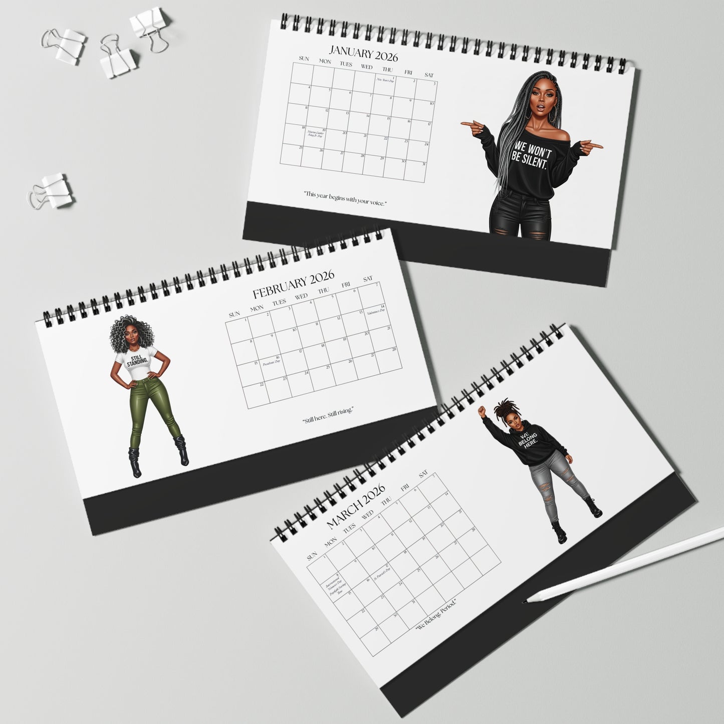 Three spiral-bound calendars showing different months with a person on each page.