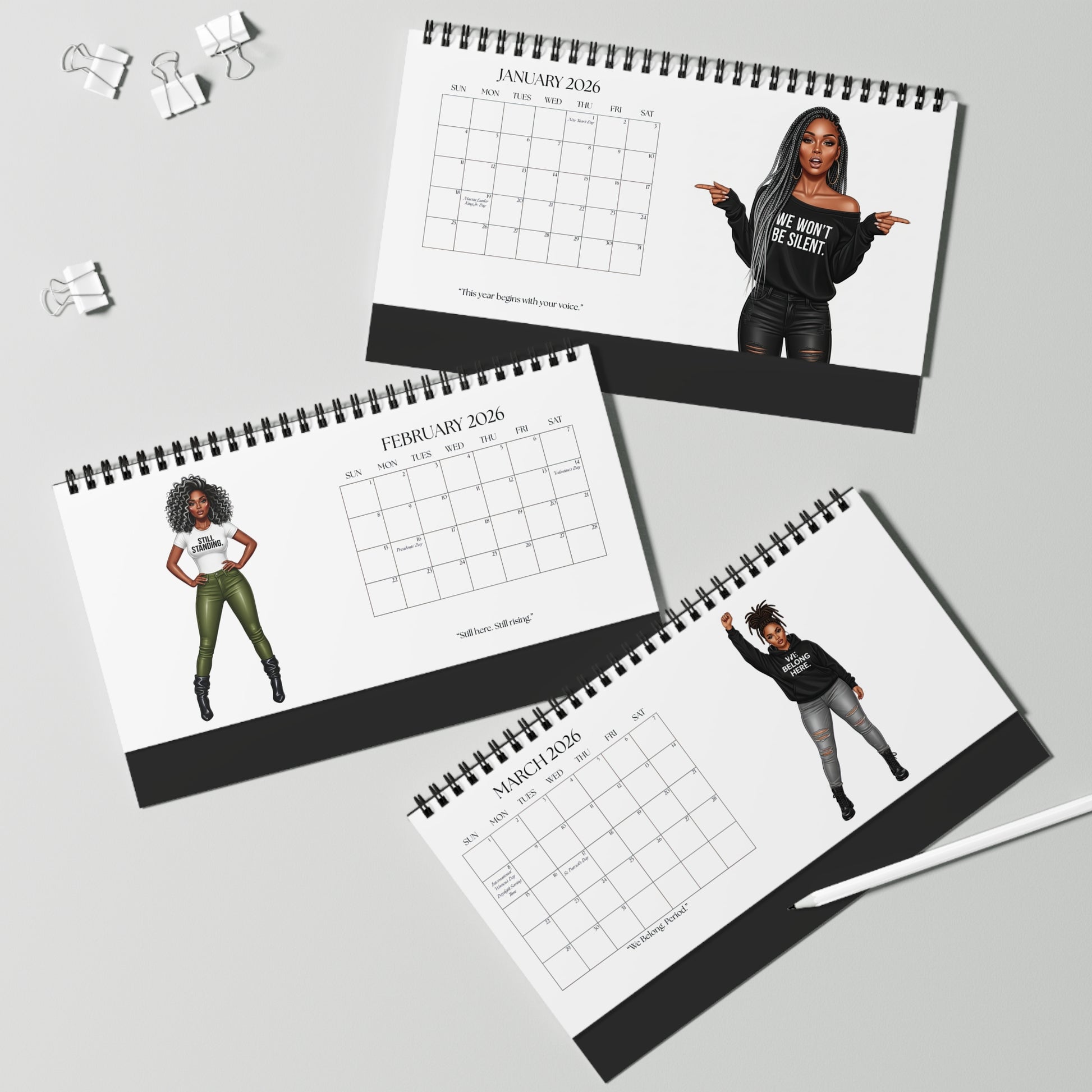 Three spiral-bound calendars showing different months with a person on each page.