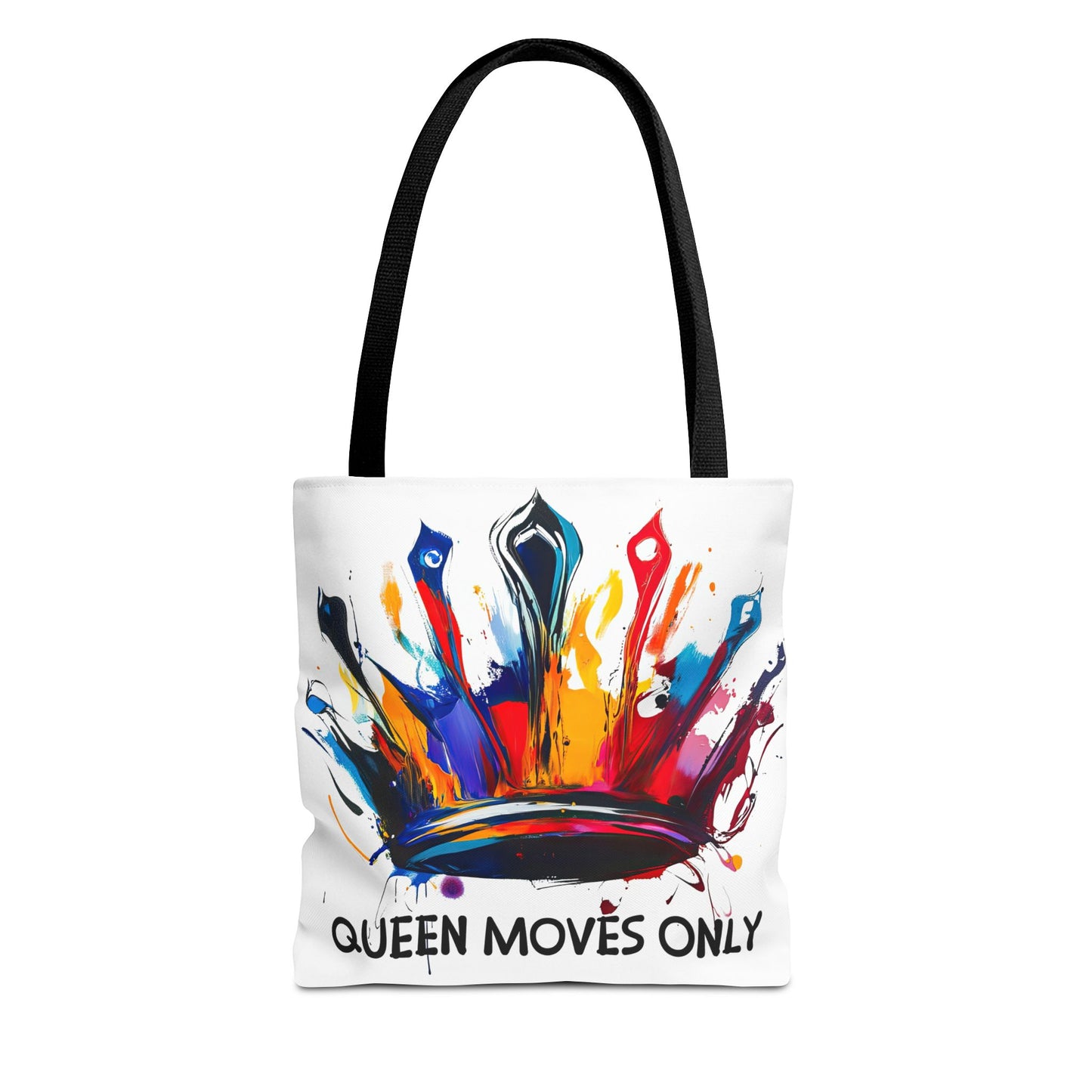 Vibrant 'Queen Moves Only' tote bag with colorful crown design, perfect for confident women seeking style and empowerment.