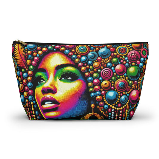 Radiant Afro Beauty Pouch featuring a bold and colorful Afrocentric art design, ideal for use as a pencil case, cosmetic bag, or travel organizer with a durable zipper closure.