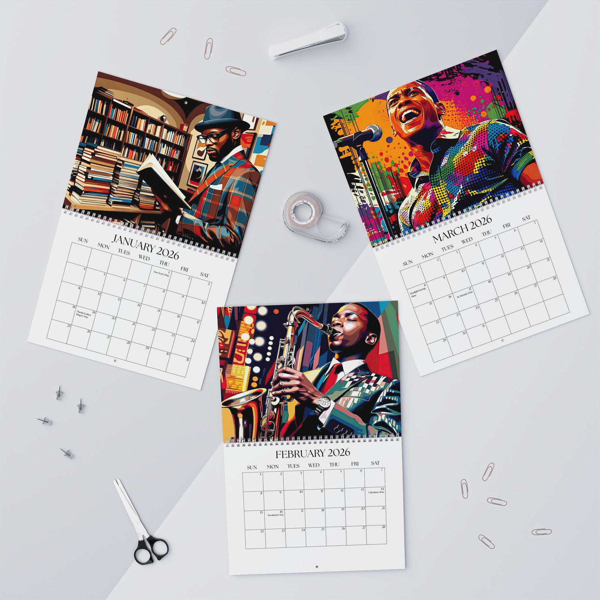 Three calendar pages showing different artists on a light gray background with office supplies.