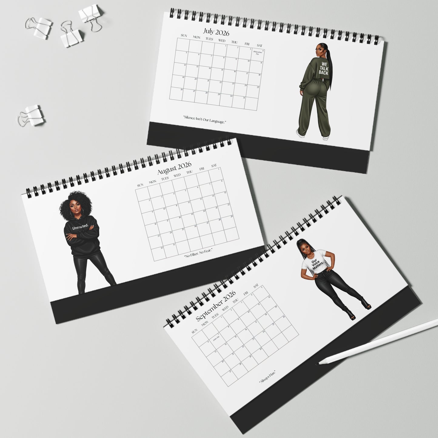 Three spiral-bound calendars showing July, August, and September 2020 with illustrations of a person wearing different outfits.