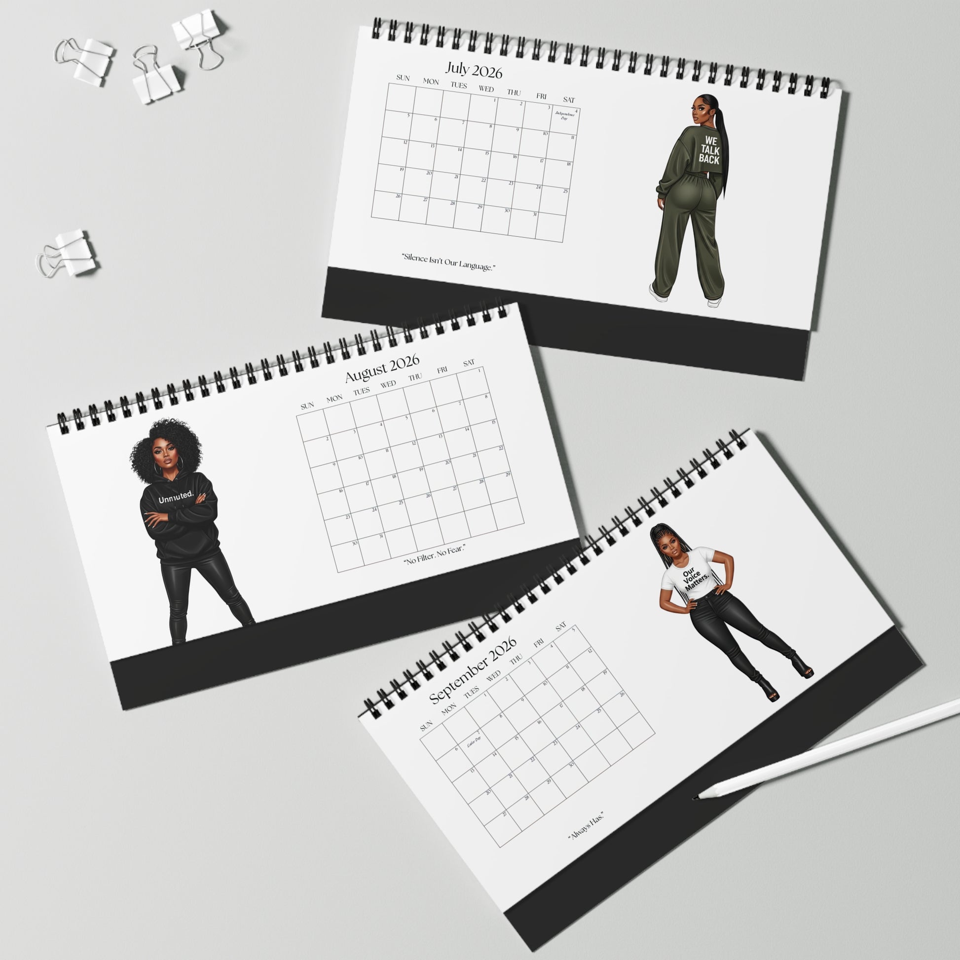 Three spiral-bound calendars showing July, August, and September 2020 with illustrations of a person wearing different outfits.