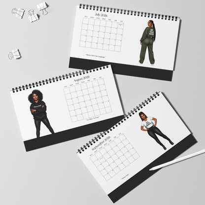 Three spiral-bound calendars showing July, August, and September 2020 with illustrations of a person wearing different outfits.