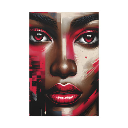 Digital portrait of an African American woman with striking red and pink hues on her face, dramatic red eyeshadow, and a captivating gaze, set against a street art backdrop with a drip effect. | EbMerized Creations