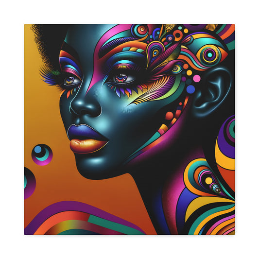 Artistic portrayal of an African American woman with a colorful, psychedelic pattern on her face against a warm orange background | EbMerized Creations