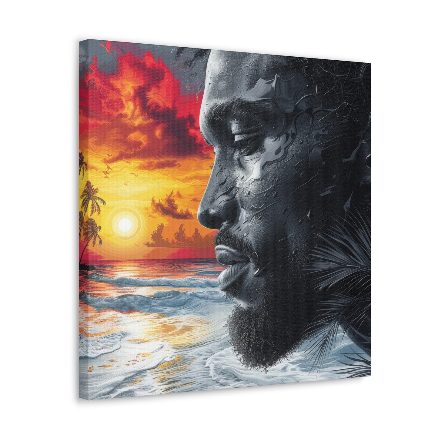 Sunset Serenity Canvas Art: African American Man and Tropical Beach Scene