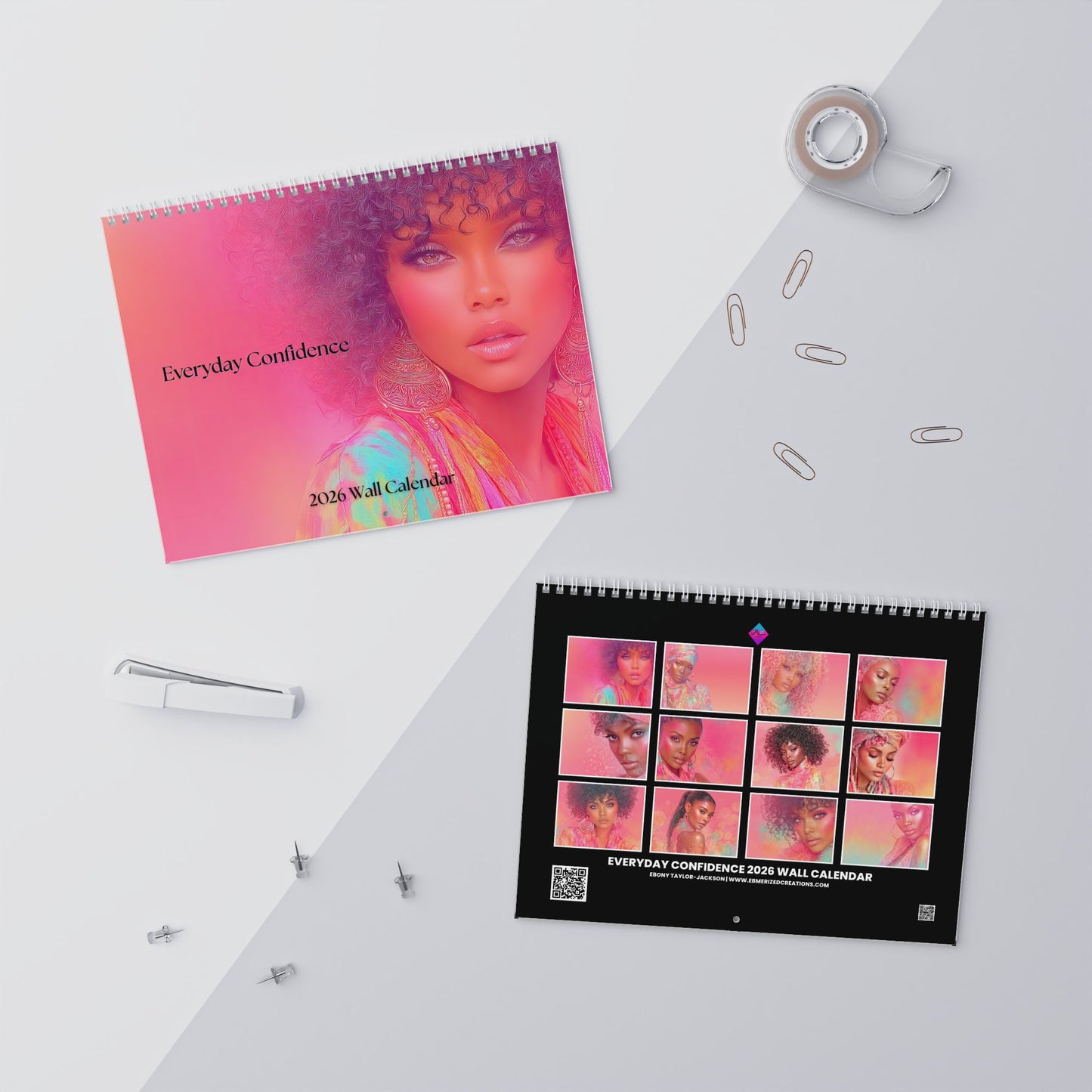 Two calendars featuring a woman's face on a white surface with office supplies.