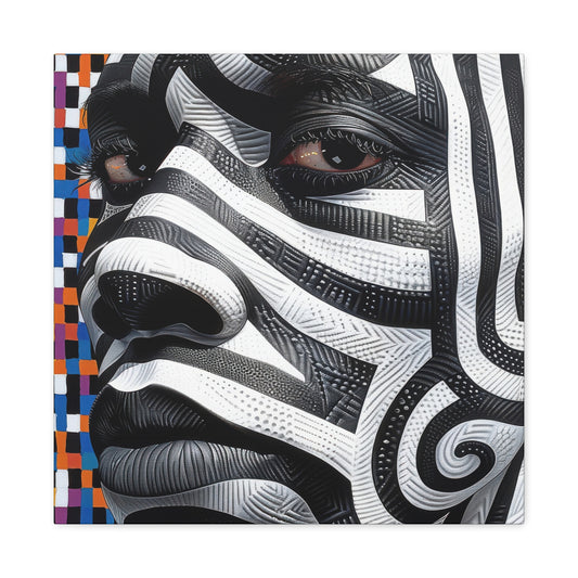 Bold Black and White Abstract Face Canvas featuring a striking modern African art design with geometric patterns. This unique wall decor piece adds a contemporary and vibrant touch to any space, showcasing the beauty and complexity of African culture.