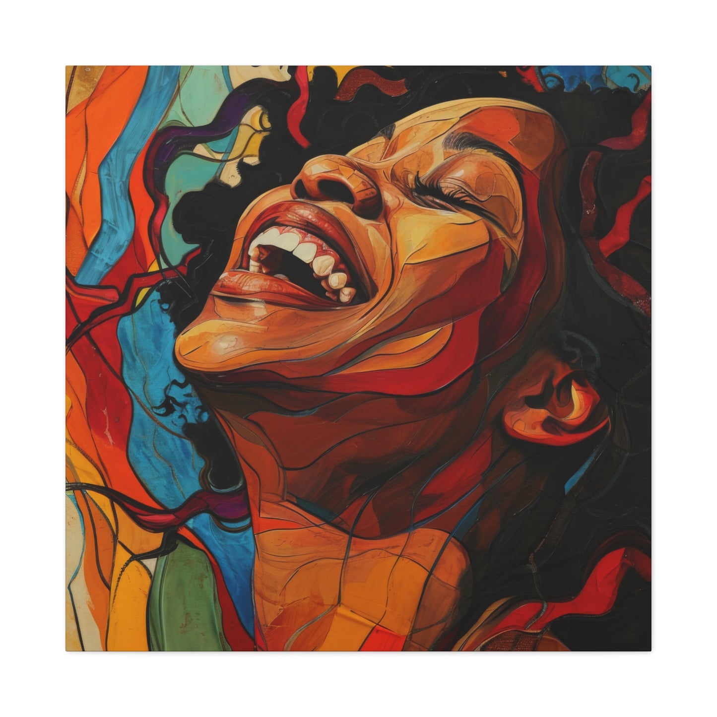 Joyful abstract portrait with a woman laughing, her head thrown back, amidst a swirl of vibrant, flowing colors, conveying a sense of pure bliss | EbMerized Creations