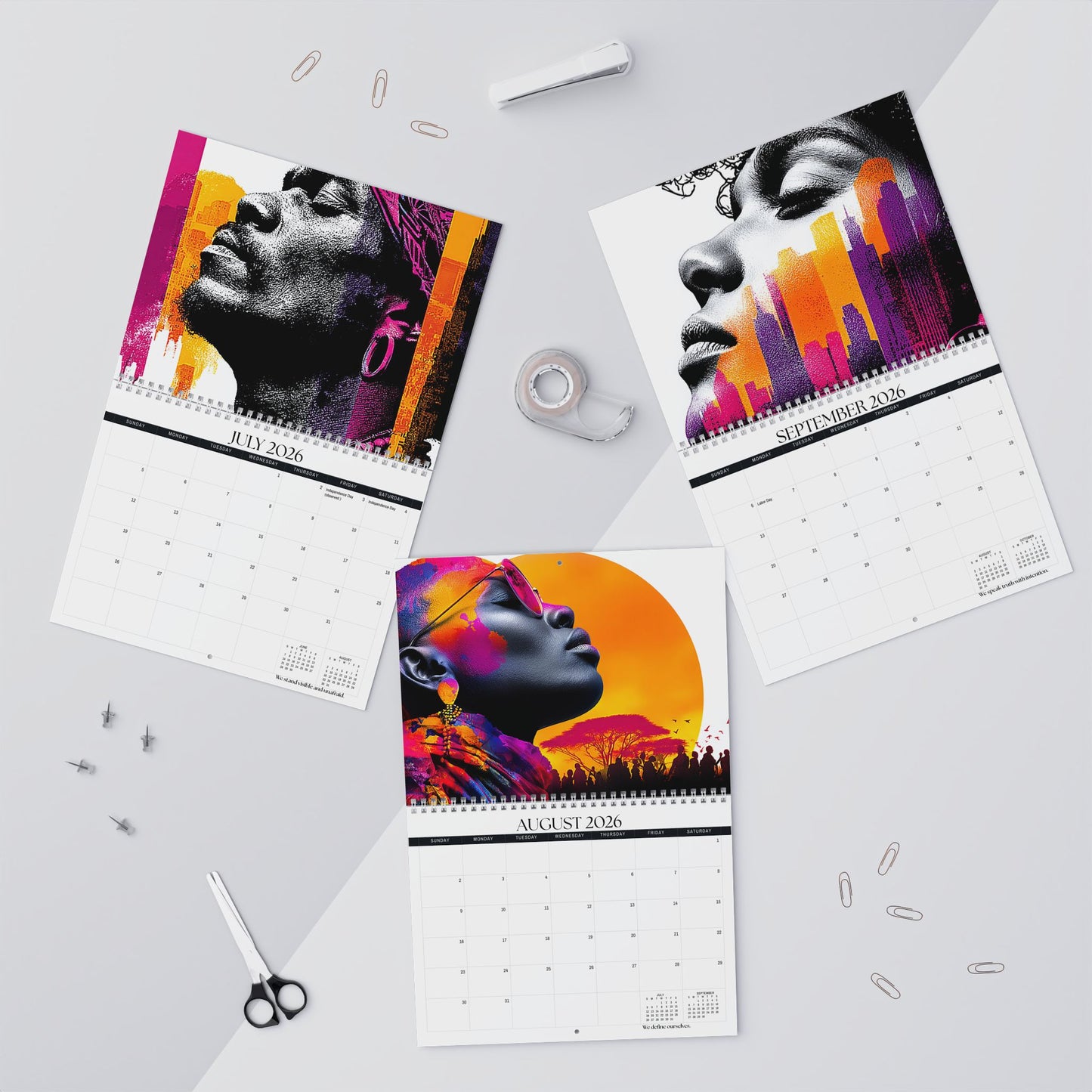 Three calendar pages showing artistic portraits on a light gray background with office supplies.