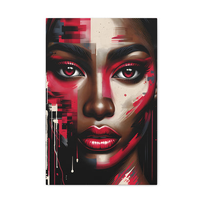 Digital portrait of an African American woman with striking red and pink hues on her face, dramatic red eyeshadow, and a captivating gaze, set against a street art backdrop with a drip effect. | EbMerized Creations