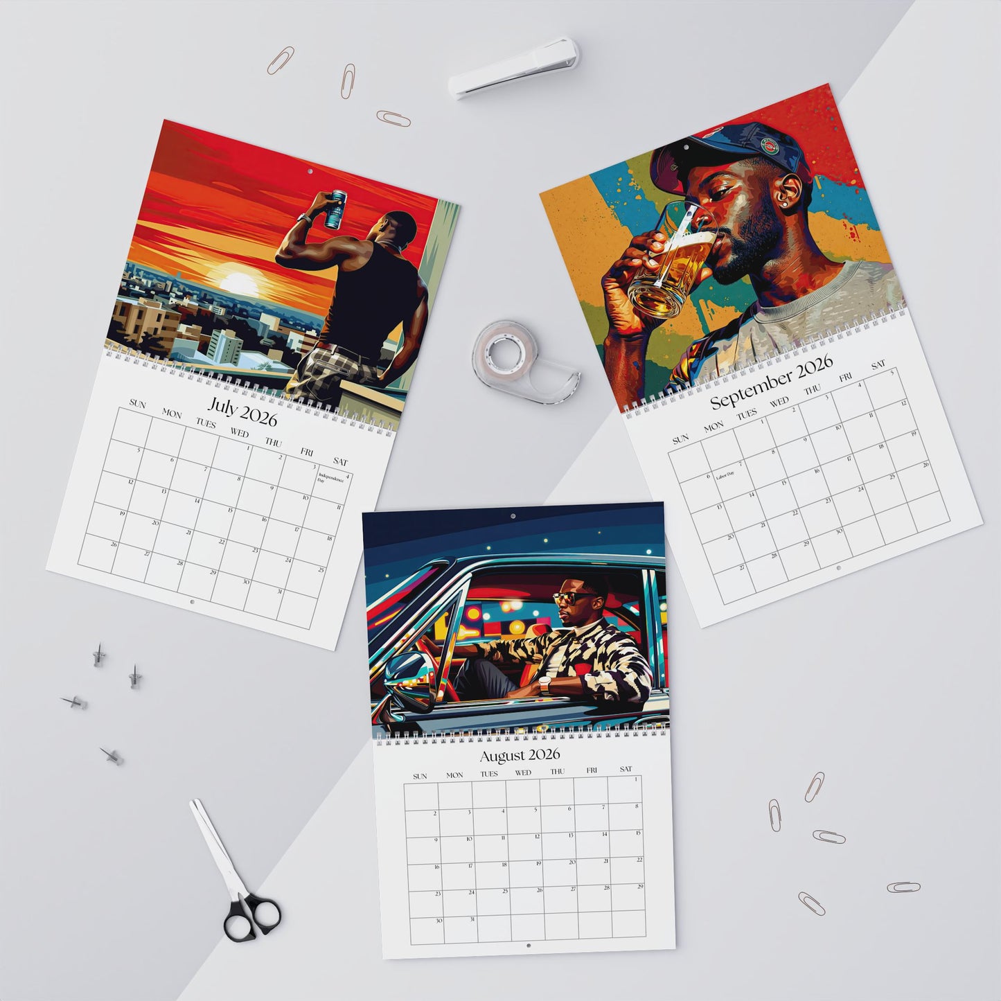 Three calendar pages showing different images of a person on a white surface with office supplies.