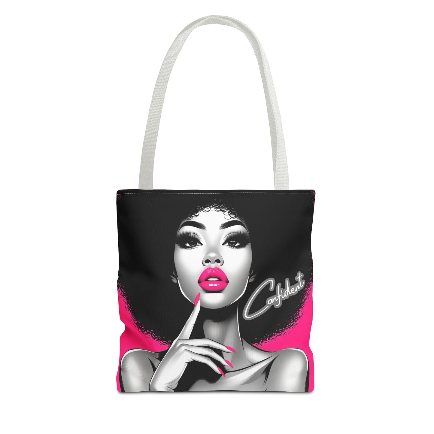 Fierce Fashion Tote Bag featuring a striking illustration of a confident Black woman with bold pink lipstick, glamorous eyelashes, and the word "Confident" in elegant script.